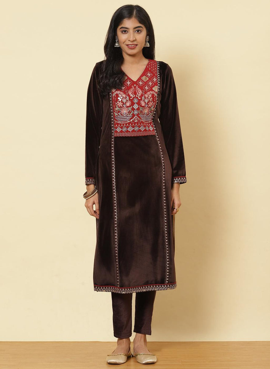 Chocolate Brown Embroidered Velvet ...